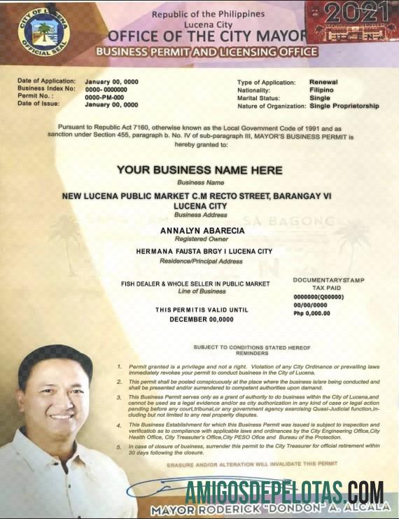 Imprimível modelo de certificado de empreendedor privado da cidade de Lucena nas Filipinas em formato PSD